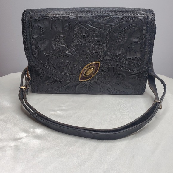 Vintage Handbags - Hand Tooled Black Leather Purse 50's 60's Vintage Cowgirl Western Floral Print